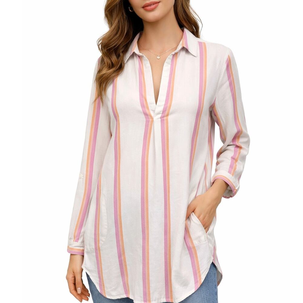 For Cynthia Rowley Popover Tunic Top Women M Linen blend Roll up sleeve Pockets